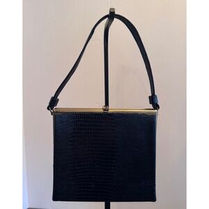 After Five Evening Bag Black Lizard Embossed Floral Gold Trim Vintage Formal